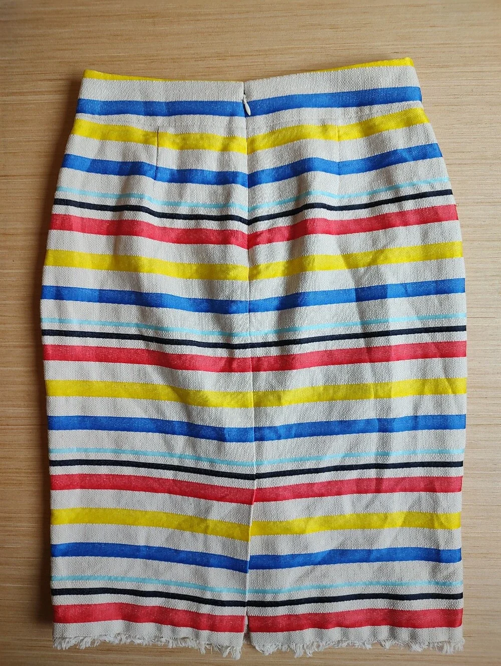 J Crew Striped Pencil Knee Skirt Fringe Red Yellow Blue Cream Lined 4 Back Slit
